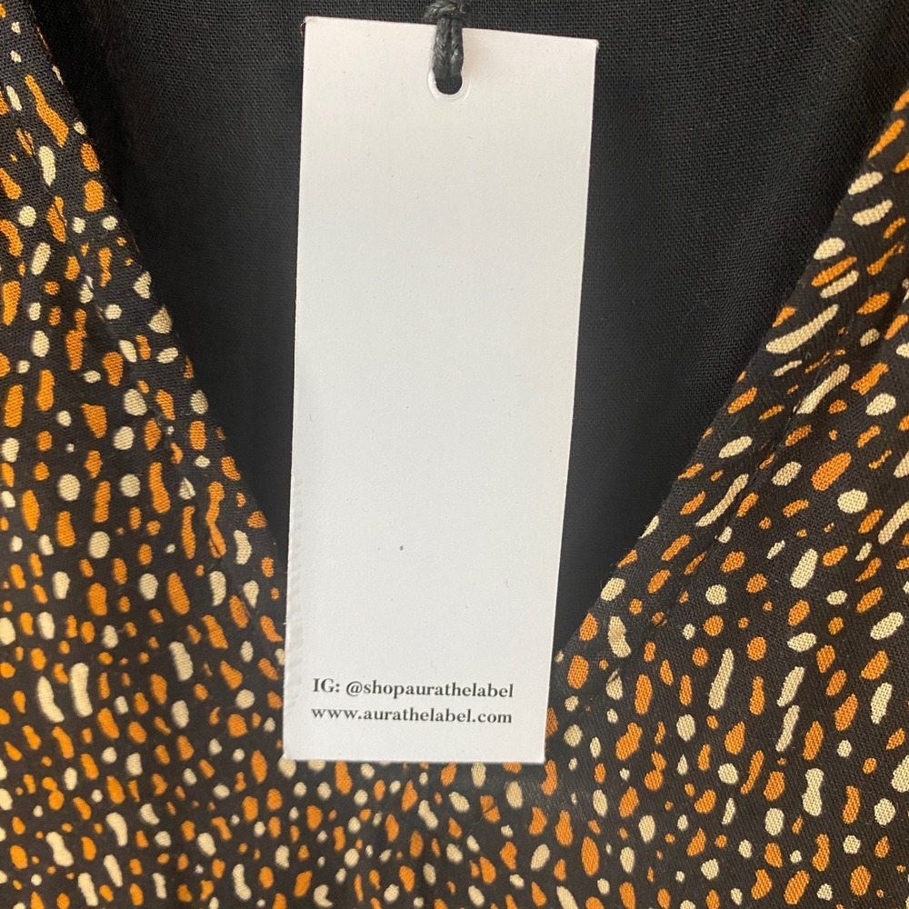 Aura The Label Women Small Black Orange Dotted Tiered Ruffle Neck Midi Dress NEW - Picture 7 of 14